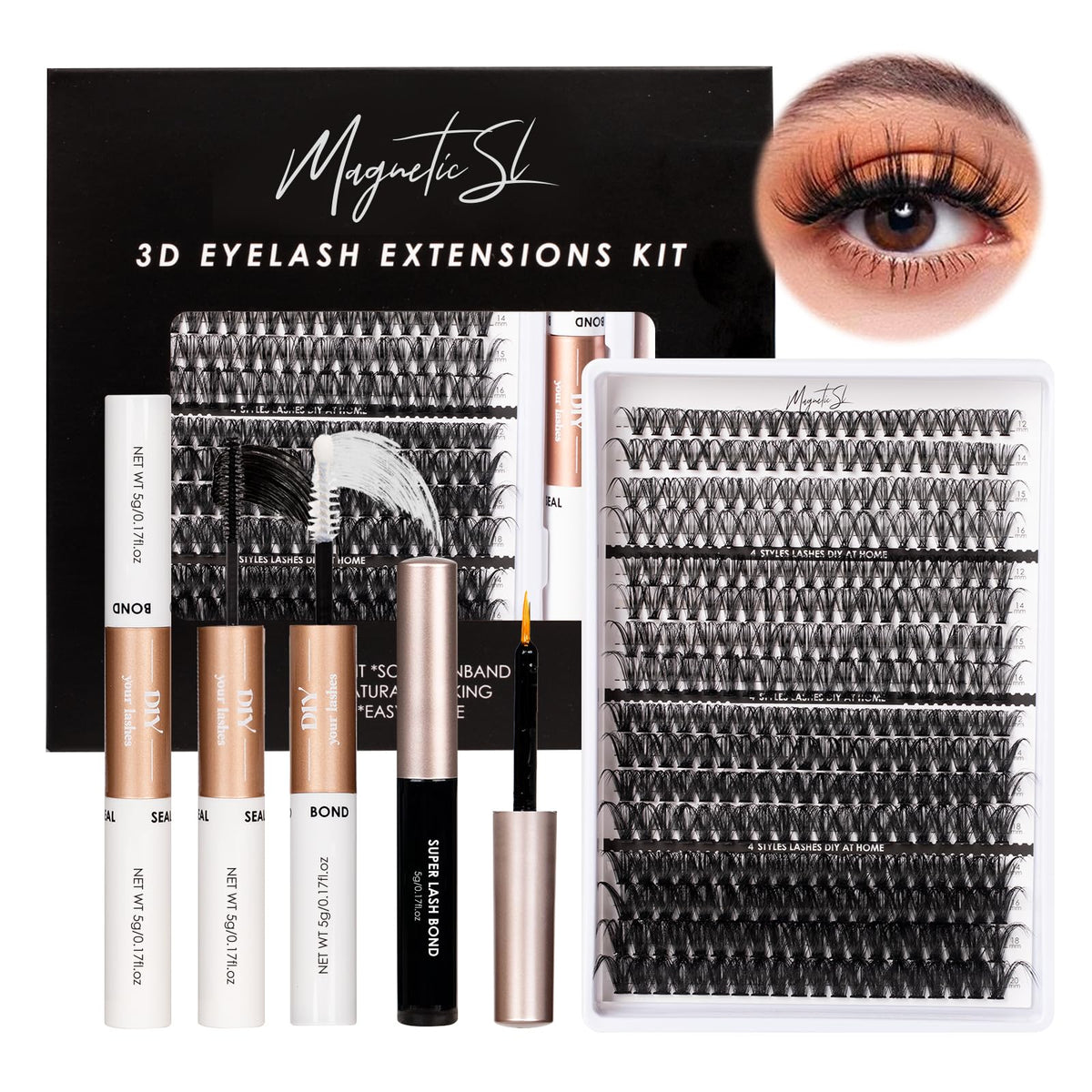 Magnetic SL Volume Individual-Eyelashes 320PCS DIY Lash Extension Kit 12-20mm MIX Fluffy False Eyelashes with Bond and Seal, Applicator, Look Like Eyelashes Extension at Home(30D+40D+80D+100D)