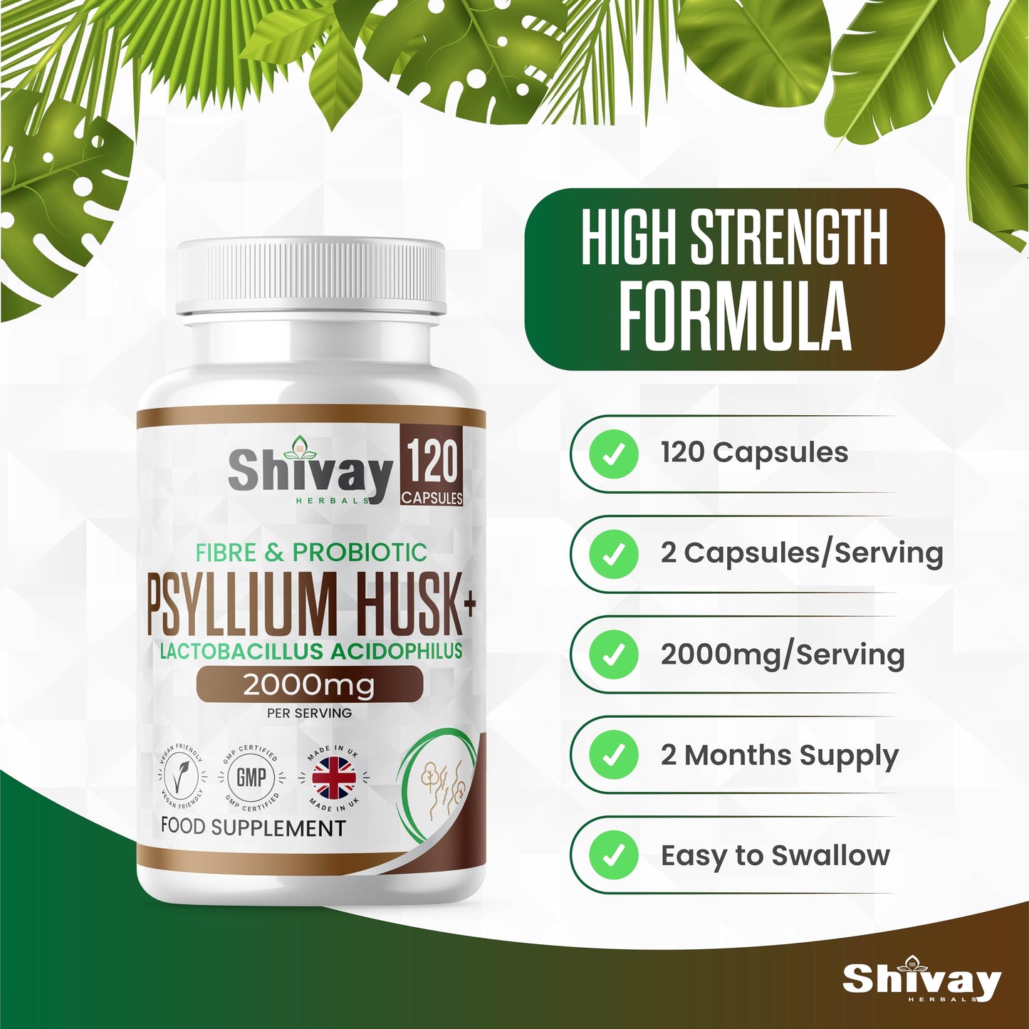 Psyllium Husk 2000mg + 200 Mcfu Lactobacillus Acidophilus Per Serving | Probiotics & Natural Soluble Fiber Supplement | 120 Vegan Capsules - 2 Month Supply | Made in The UK by Shivay Herbals