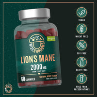 Lions Mane Gummies High Strength 2000mg | from Fruit Body | Vegan Mushroom Extract | 60 Natural Berry Flavour Gummies | by Wiseshrooms