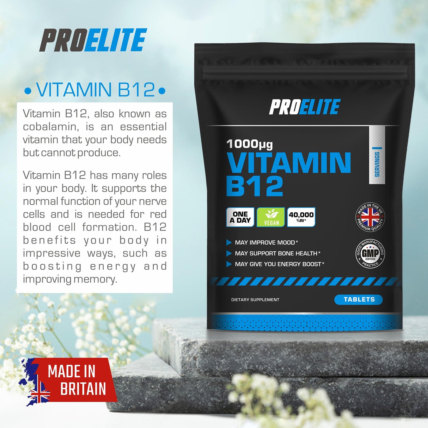 Vitamin B12 Tablets 365 High Strength 1000mcg Vegan B12 Supplement � Pure Methylcobalamin Tablets� Tiredness and Fatigue Tablets � Immunity Supplements Made in UK by PROELITE