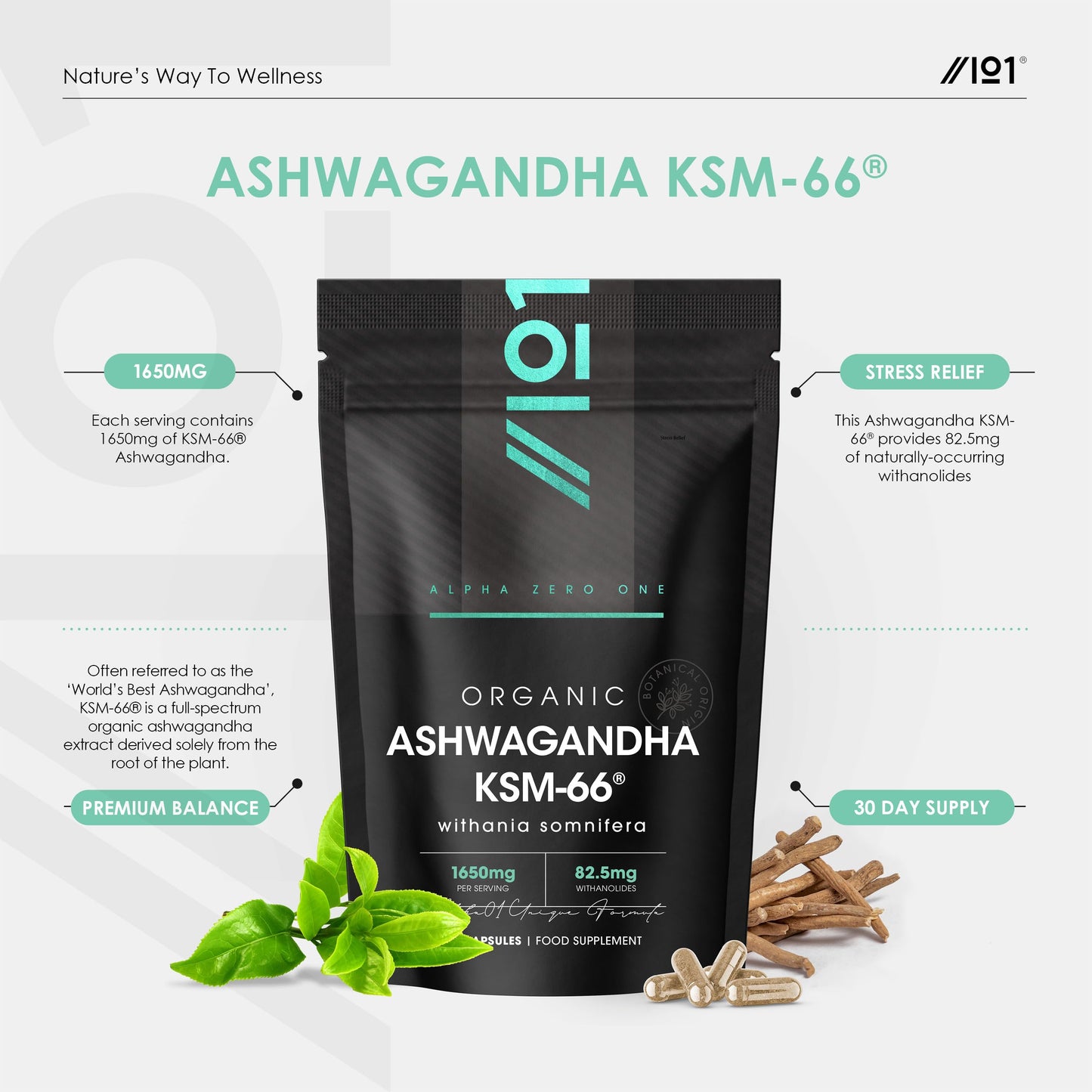 ALPHA01 Organic Ashwagandha KSM-66® with BioPerine 1650mg – 90 Vegan Capsules – 5% Withanolides – Most Bioavailable Full-Spectrum Root Extract – Resealable and Recyclable Pouch by Alpha01