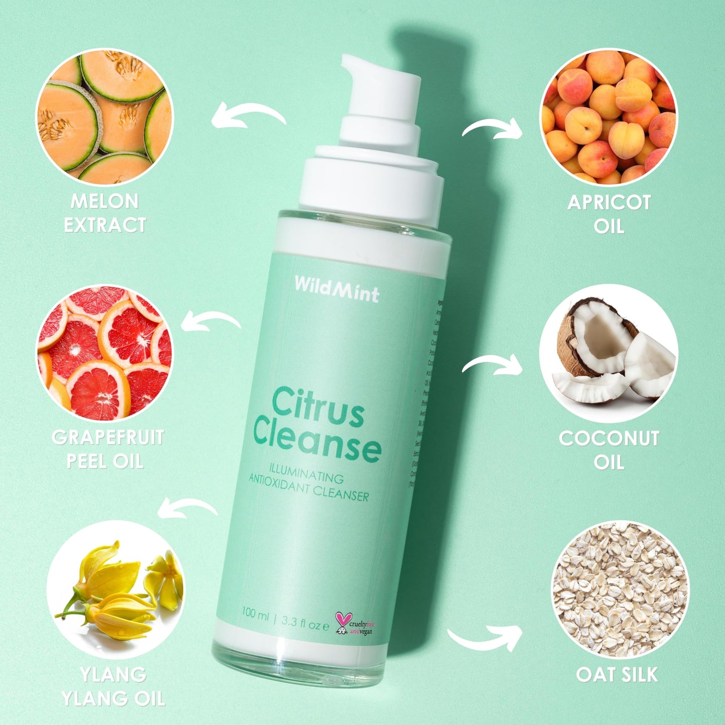 WildMint Citrus Cleanse Natural Face Cleanser | Gentle & Creamy Face Wash for Sensitive, Mature, Acne-Prone & Dry Skin | Vitamin C Brightening Skincare | UK Made Vegan & Cruelty-Free Skincare | 100ml