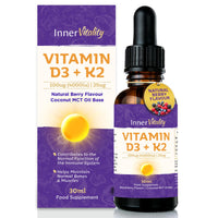 Inner Vitality Vitamin D3 K2 Drops 4000iu 5-Month Supply Natural Berry Flavour