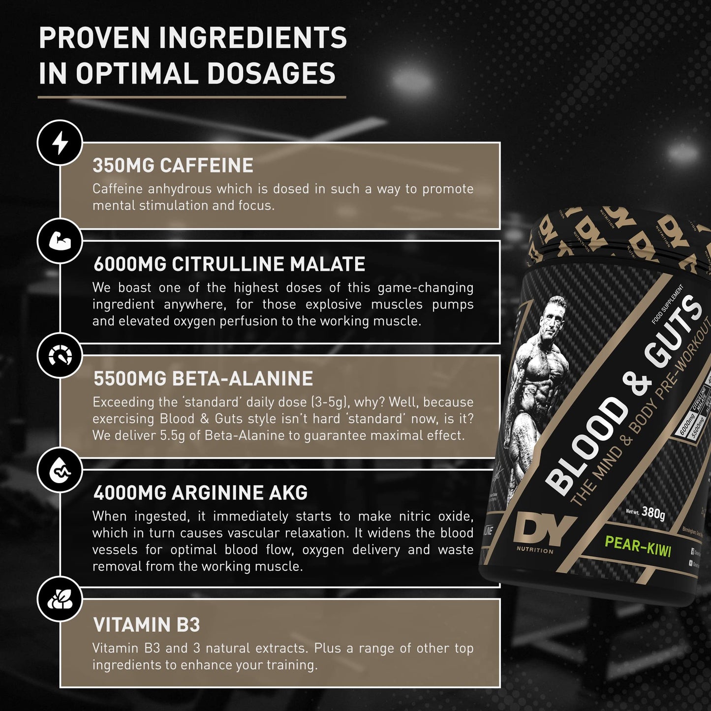 DY Nutrition - Blood & Guts Pre Workout Powder, 380g (Blueberry) - High Strength Preworkout with 350mg Caffeine, Citrulline Malate, Beta Alanine, Arginine AKG, L-Tyrosine, Vitamin B3 for Men & Women