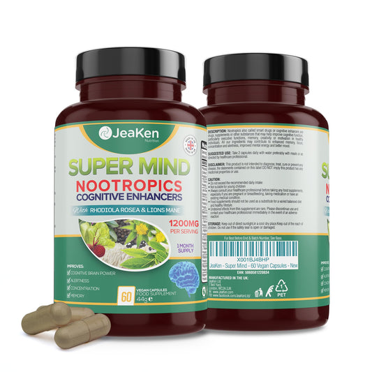 JeaKen - Super Mind Nootropics Supplements, Beetroot Capsules with Rhodiola Rosea, Lions Mane, L-Theanine and More, Boosts Focus, Alertness and Memory, 1200mg per Serving, 60 Vegan Capsules