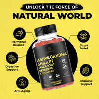 Ashwagandha Gummies 500mg, Shilajit 600mg, Maca Root 100mg, Berberine 100 mcg and Vitamin D3 20mg, 60 Count, Strawberry Flavour, Ashwagandha High Strength Root Extract Supplement, Pure Shilajit