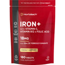 Horbäach Iron Tablets High Strength 18mg | Energy Tablets with Vitamin C, B12 & Folic Acid | 180 Count | 6 Months Supply & Vegan | Ferrous Fumarate Supplement for Men & Women | by Horbaach