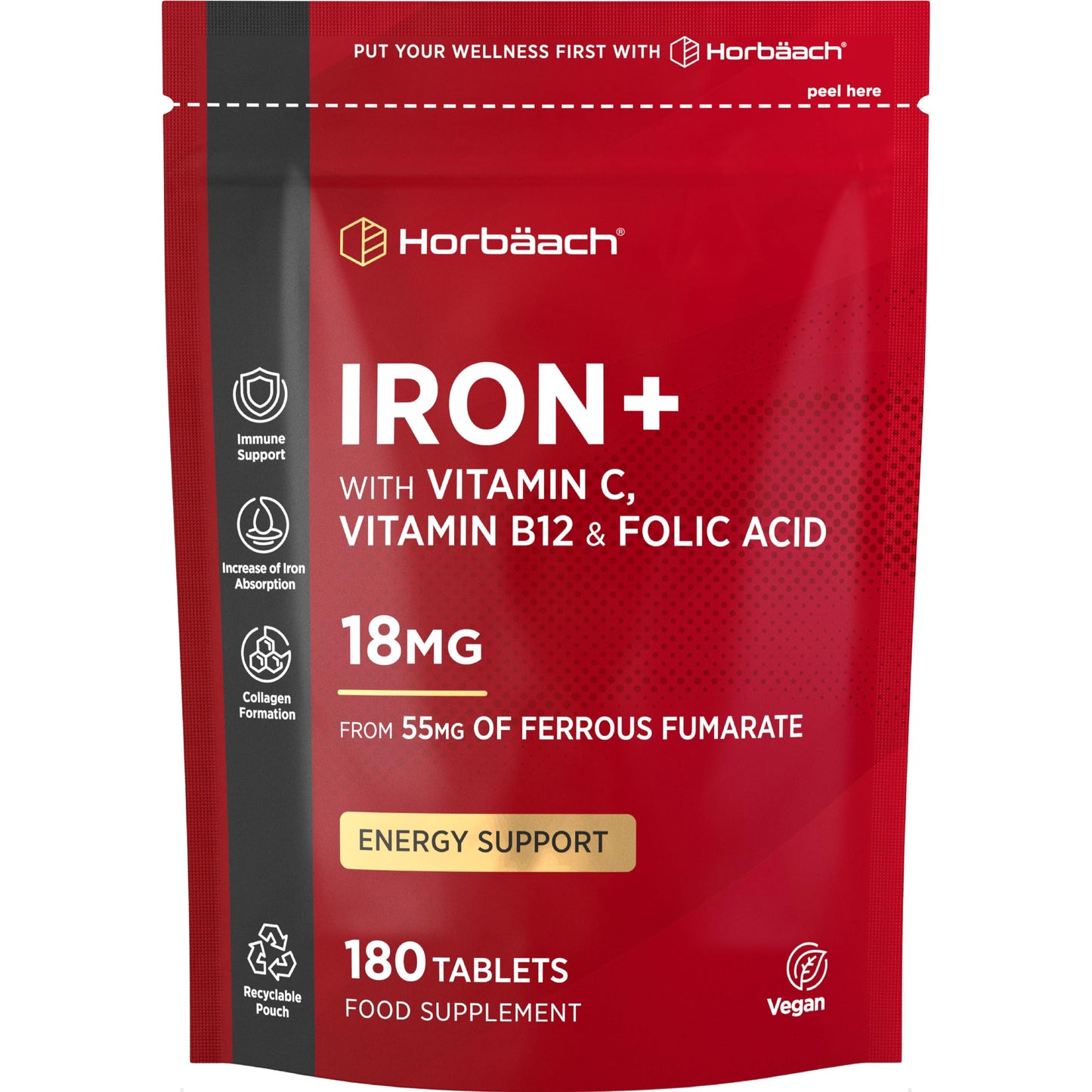Horbäach Iron Tablets High Strength 18mg | Energy Tablets with Vitamin C, B12 & Folic Acid | 180 Count | 6 Months Supply & Vegan | Ferrous Fumarate Supplement for Men & Women | by Horbaach