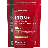 Horbäach Iron Tablets High Strength 18mg | Energy Tablets with Vitamin C, B12 & Folic Acid | 180 Count | 6 Months Supply & Vegan | Ferrous Fumarate Supplement for Men & Women | by Horbaach
