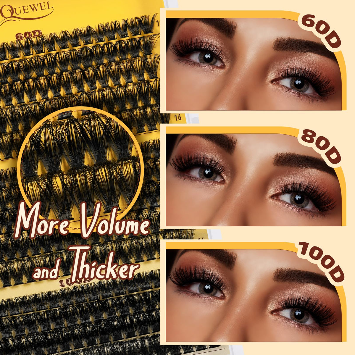 QUEWEL Fluffy Individual Eyelashes Kit 60+80+100D Clusters Lashes Kit, Eyelash Individual DIY Lash Extension kit Mix 10-16mm, Individual Cluster with Bond and Seal (60D+80D+100D-KIT)