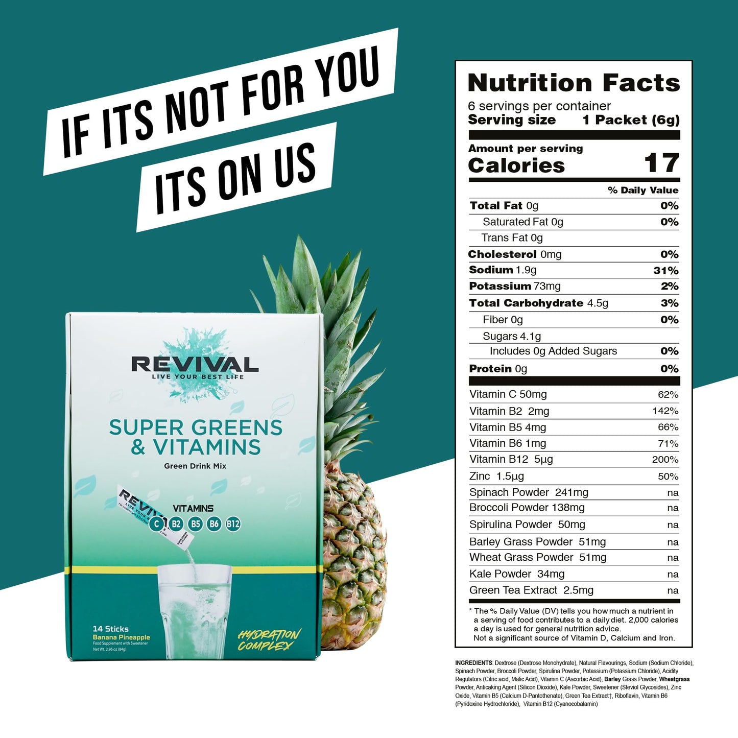 Revival Shots Revival Super Greens Powder with Electrolytes, Vitamins & Minerals - Superfood Drink Supplement - 28 Pack Banana Pineapple