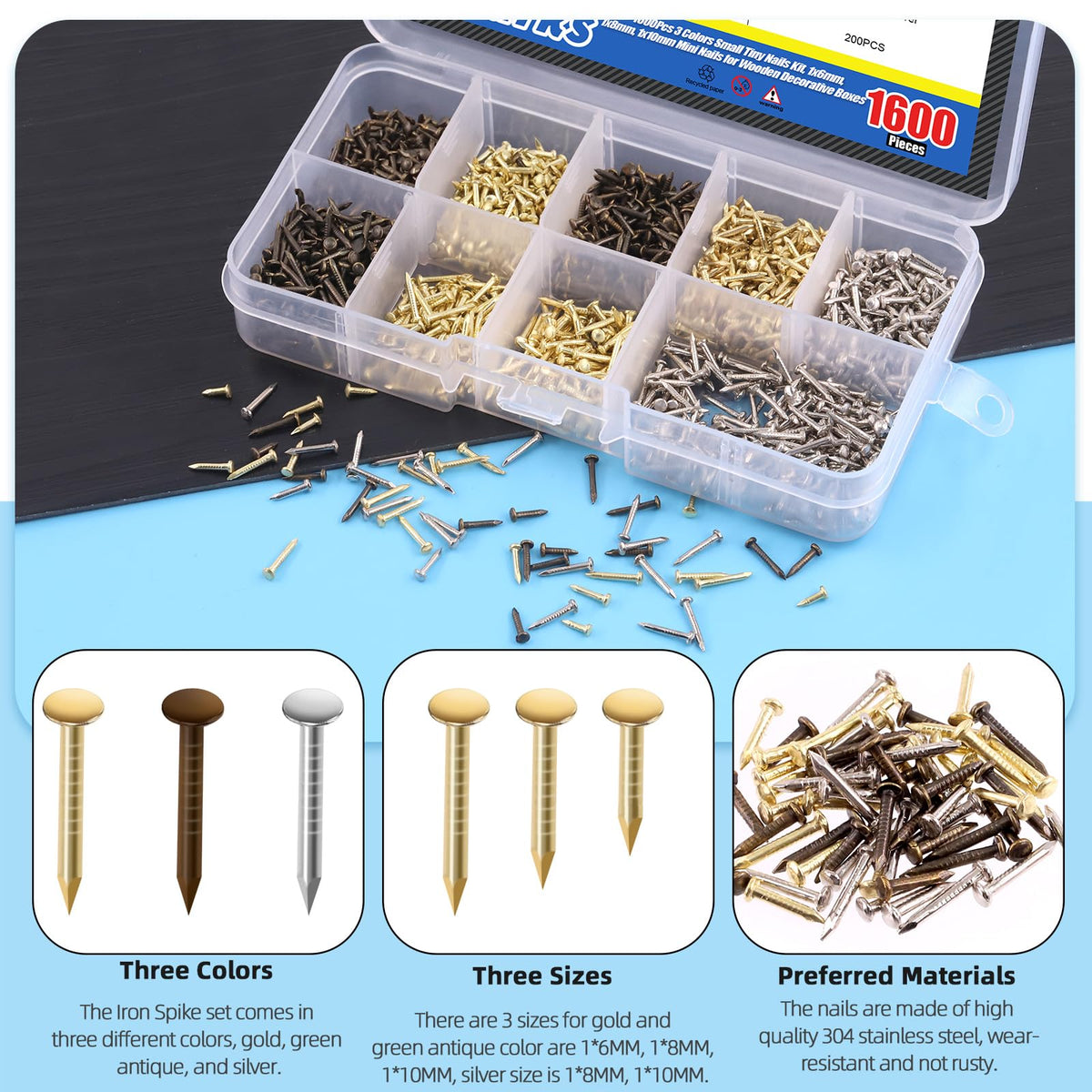 GLARKS Glarks 1600Pcs Small Tiny Nails Kit Wood Screw Nail Gold Silver Bronze 1x6mm, 1x8mm 1x10mm Mini Nails for DIY Hardware Accessories Fixed Installation