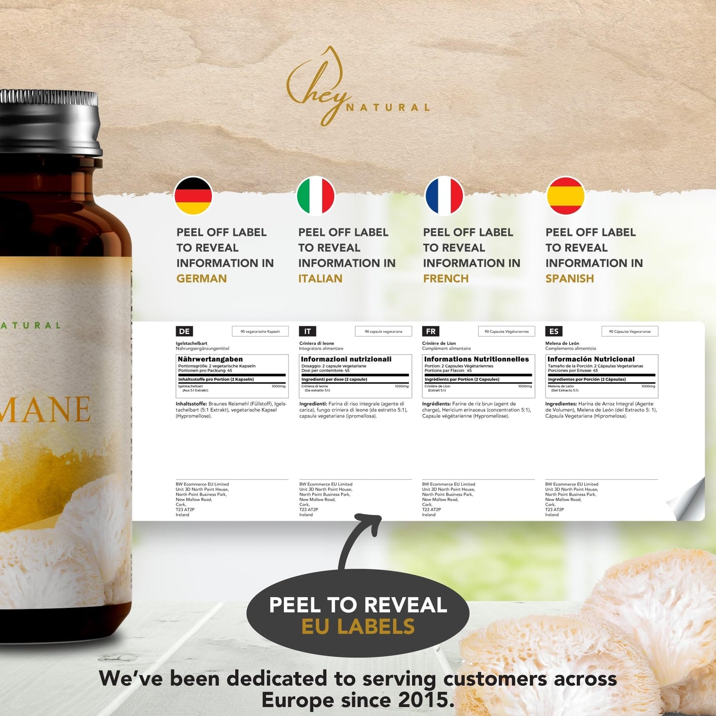 HN Lions Mane | 90 Lions Mane Capsules 1000mg per Serving - High Strength Lions Mane Supplement Mushroom Complex | Lion's Mane Mushroom Supplement | Non-GMO, Gluten & Allergen Free | Made in the UK