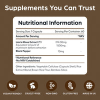 Purolabs Lions Mane Mushroom Extract Supplement 1500mg - 60 High Strength Vegan Capsules with Black Pepper - Made in The UK by Purolabs