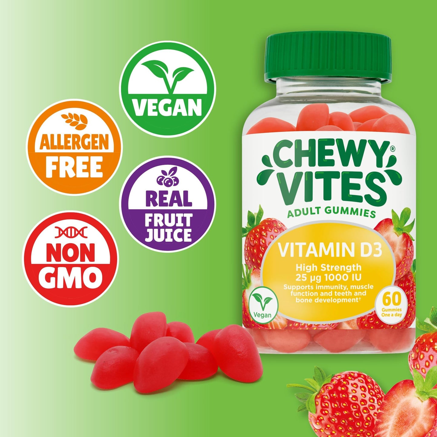 CHEWY VITES Chewy Vites Adult High Strength Vitamin D3, 60 Vitamin D Gummies, 25 micrograms 1000 IU, 2 Months Supply, Vegan, Real Fruit Juice, Strawberry Flavour