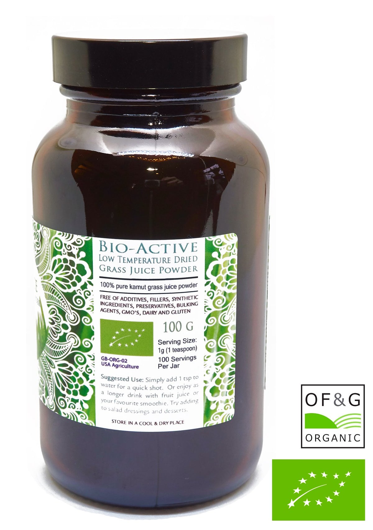 Na'vi Organics Raw Kamut Wheat Grass Juice Powder - Glass Jar - Premium Grade, Organic Certified Powder wholefood Supplement, 100 g