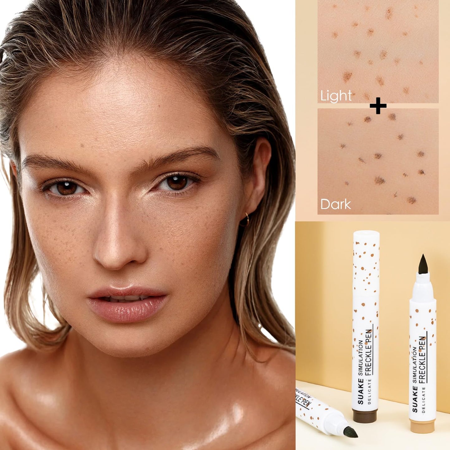 HAORQEE Freckle Pen Freckle Tint Set, 2 Colors Fake Freckles Makeup Pen Natural Lifelike Long-Lasting Waterproof Freckle Stamp for a Natural Sun-Kissed Makeup(Light Brown + Dark Brown)