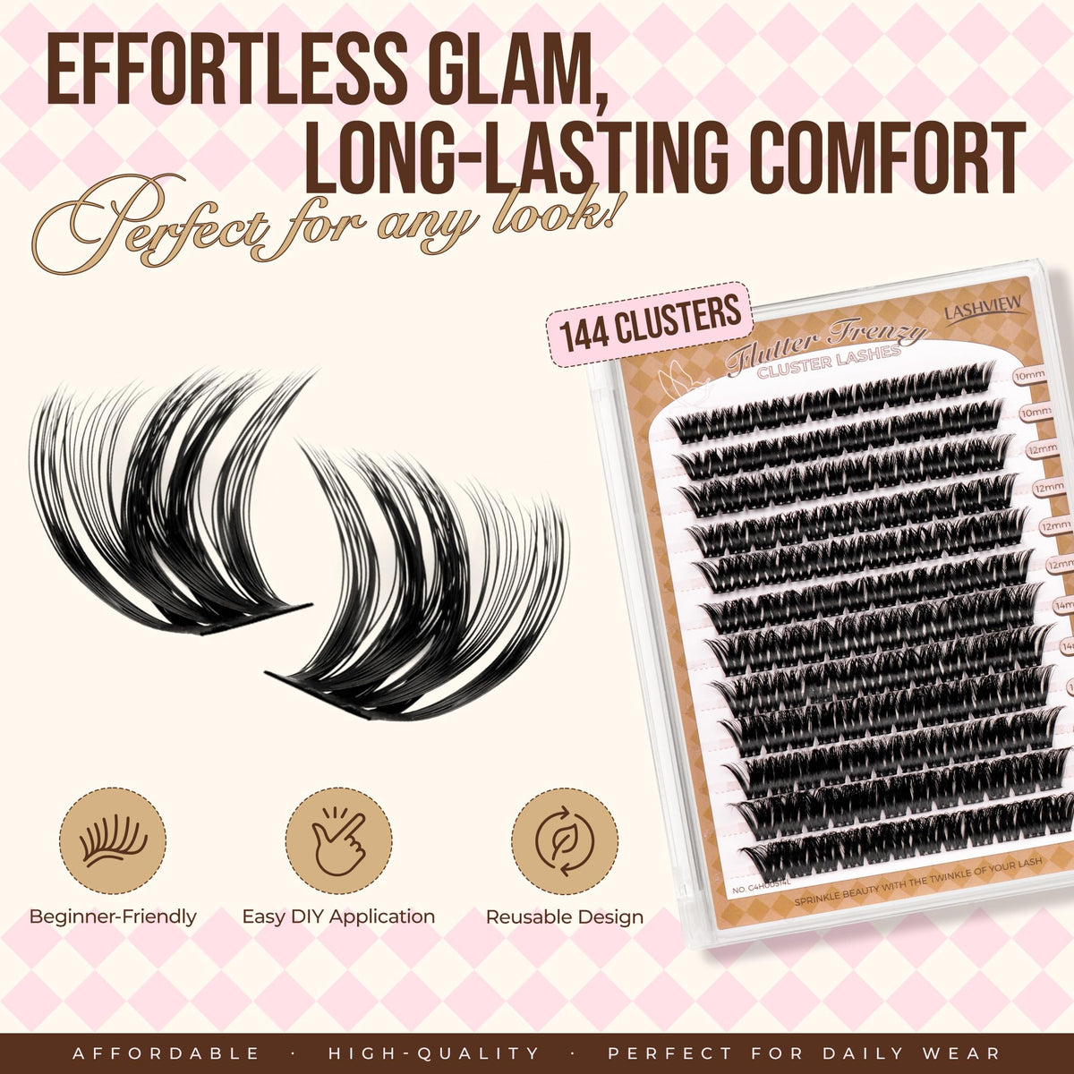 LASHVIEW Cluster Lashes 144Pcs D Curl Lash Clusters Natural Fluffy and Wispy Lashes Individual Cluster Super Thin Band Individual Eyelashes Soft and Comfortable for All Day (B24)