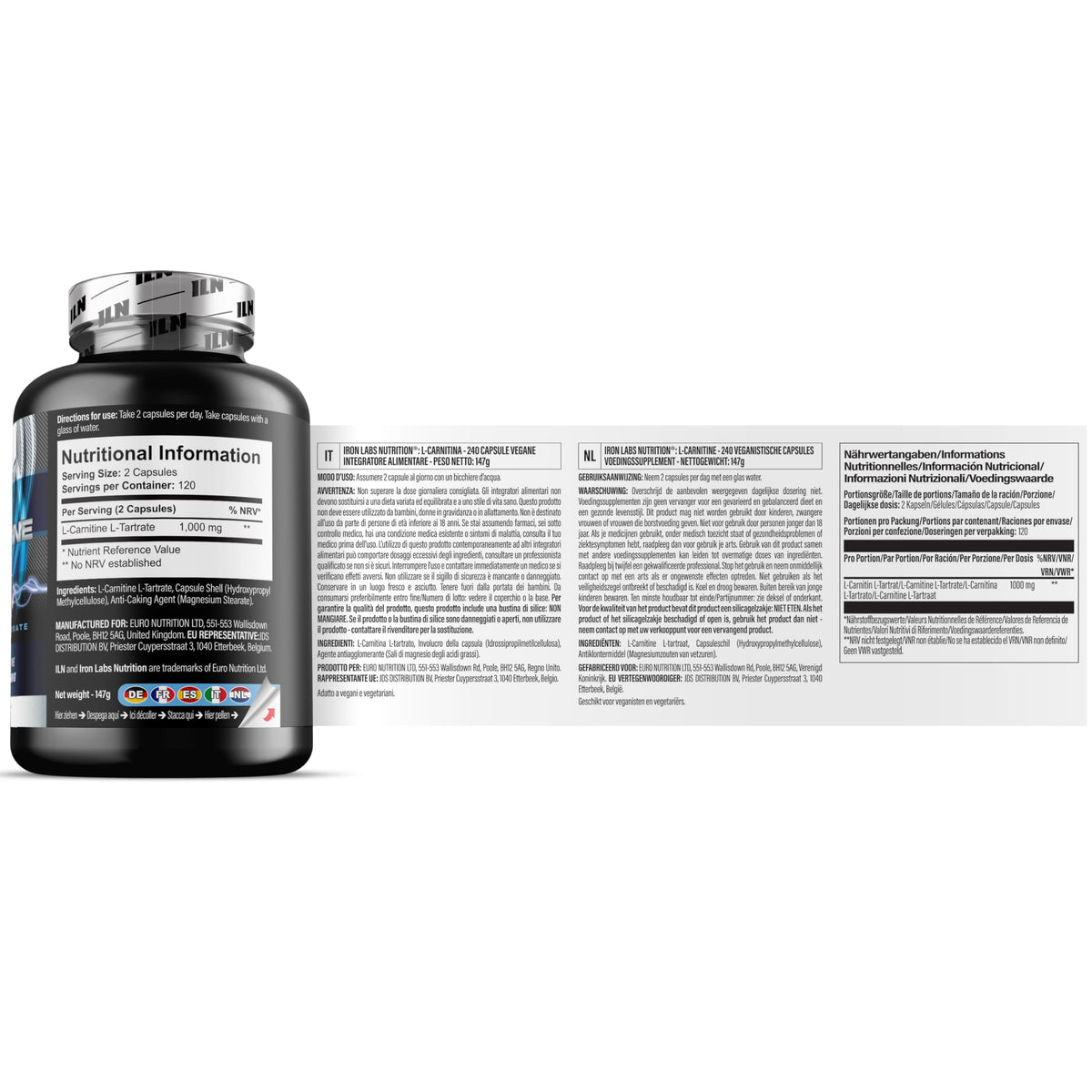 Iron Labs Nutrition L Carnitine Capsules – 1000mg L-Carnitine Tartrate per Serving for Men and Women – Vegan Friendly – 240 Capsules (4 Month Supply)
