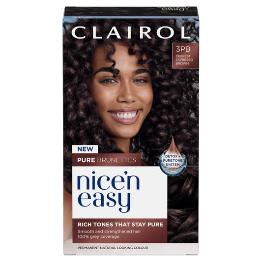 Clairol Nice n’ Easy Pure Brunettes Hair Colour | Pure and Rich Brown Tones | Smooth, Natural Hair Colour | With Pre-Colour Serum | 100% Grey Coverage | 3PB Deepest Espresso Brown | Permanent Hair Dye