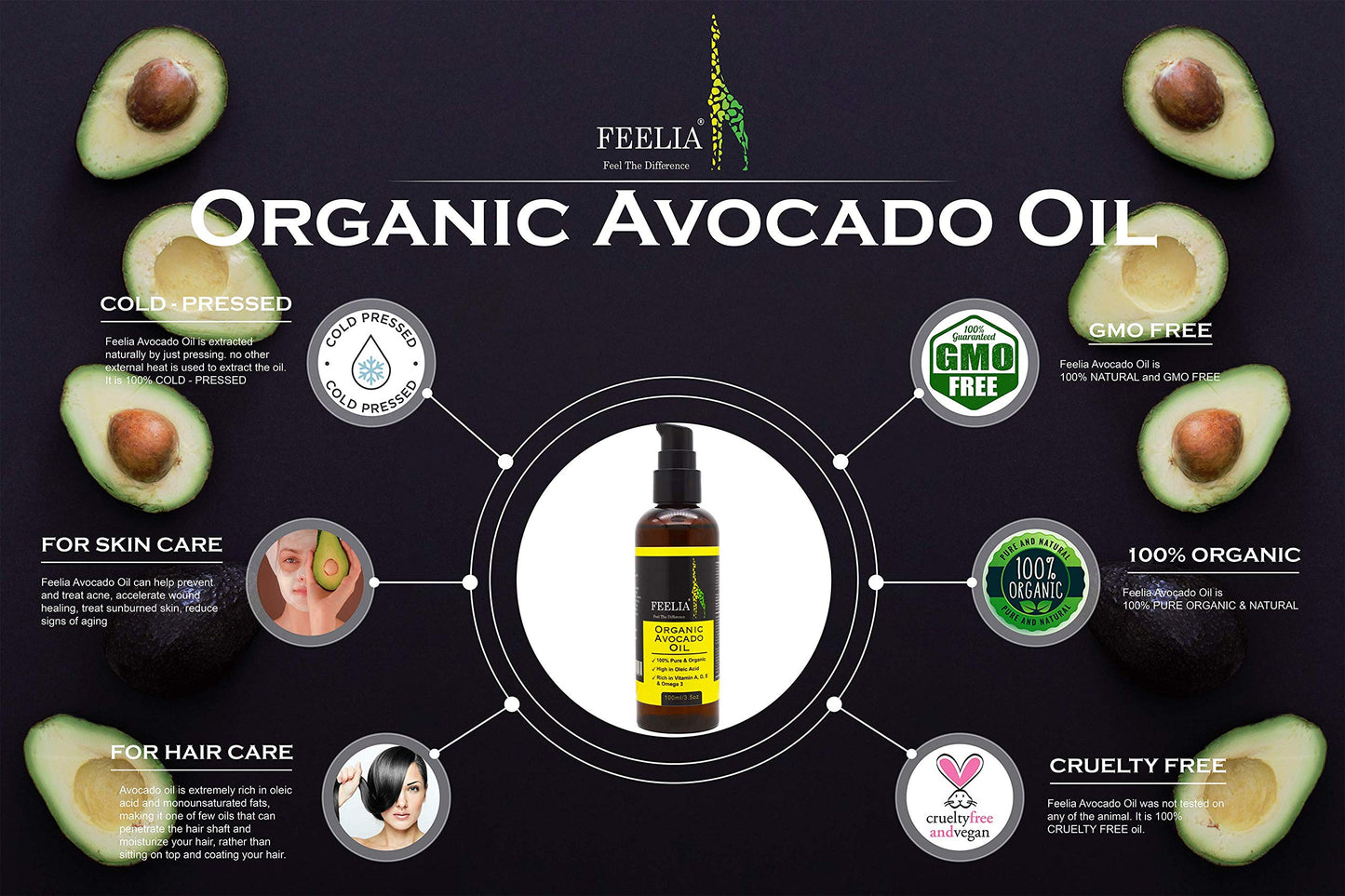 Feelia - Organic Avocado Oil - Cold Pressed, Rich in Vitamins A, D, E & Omega 3, High in Oleic Acid, 100% Pure & Organic - 100ml