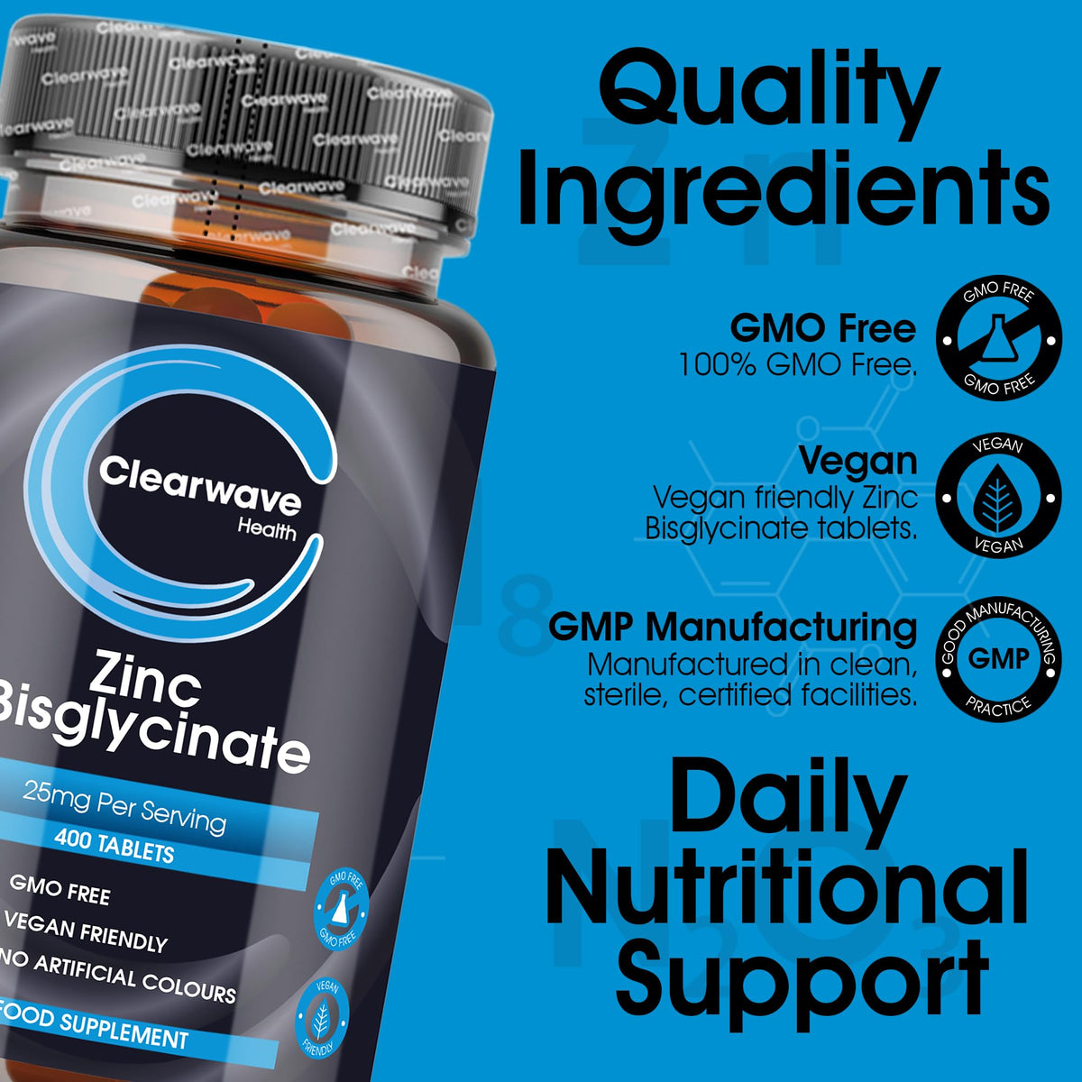 Zinc Tablets 50mg | in Bisglycinate | 400 Vegan Tablets | 6+ Months Supply | High Absorption | Zinc Supplements | for Men and Women | By Clearwave Health