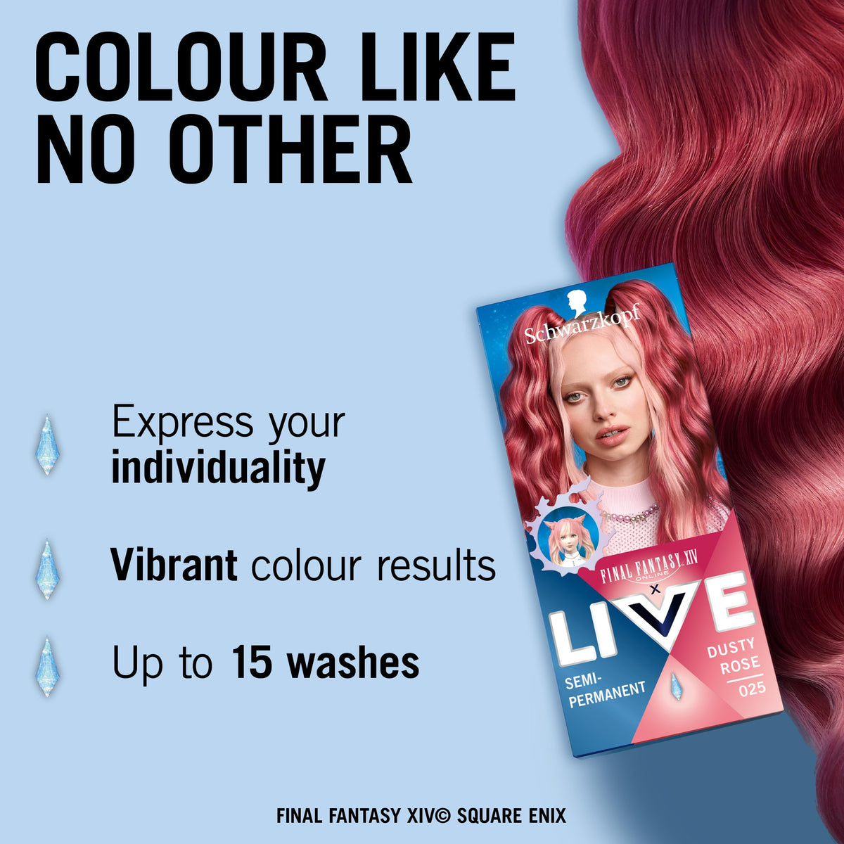 Schwarzkopf LIVE Ultra Brights or Pastels Dusty Rose 025 Shade, Semi-Permanent Rose Hair Dye, FINAL FANTASY™ XIV Online x Live, Vibrant Hair Dye Kit Lasts Up to 15 Washes