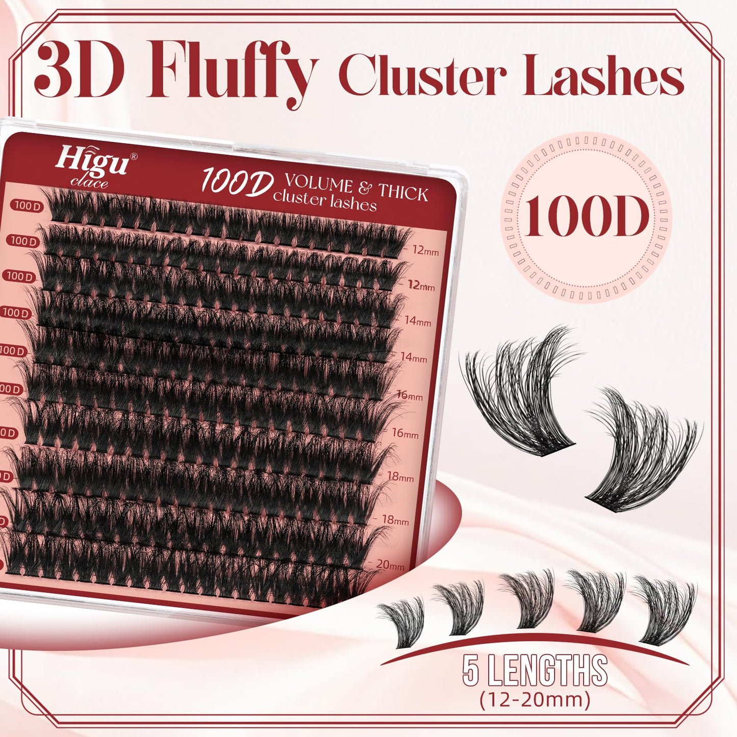 Cluster-Lashes 100D Individual-Eyelashes, Higu clace 12-20mm Thick Eyelash-Clusters D Curl, DIY Lash Extensions at Home (100D 12-20)