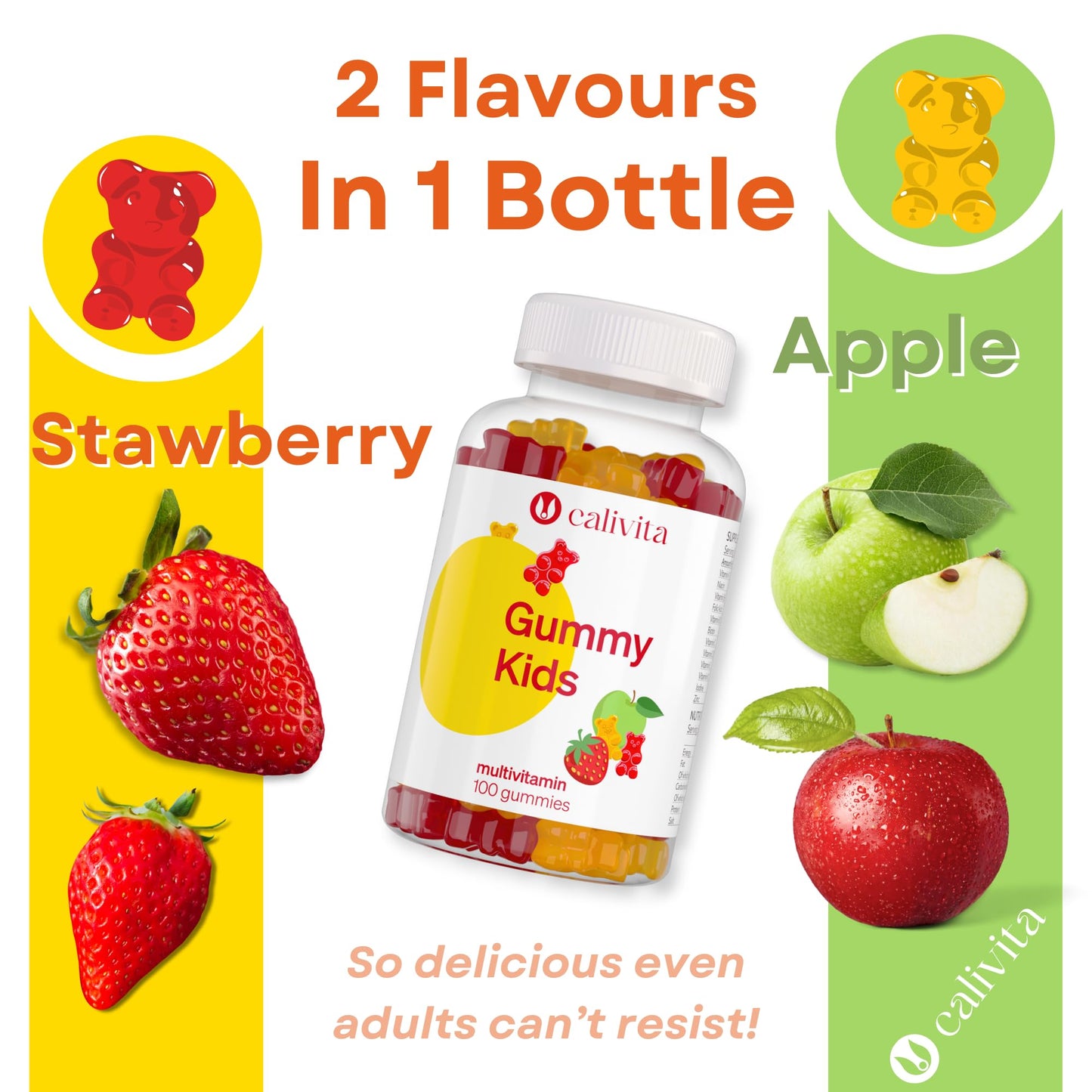 Multivitamin for Kids - Natural Apple and Strawberry Flavour - Low-sugar - with 12 essential Nutrients - Kids Multivitamins Gummies - 100 Vitamin Gummies - with Zinc, A, B6, B12, C, D3, E, K1 Vitamins