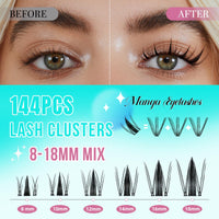 AMZGIRL LASH Manga Lash Clusters Kit 144PCS Fairy Eyelash Extension Kit with Bond and Seal, Fake Eyelashes Clusters with Invisible Lash Band, Glue Remover and Applicators (8-16mm,White Bond)