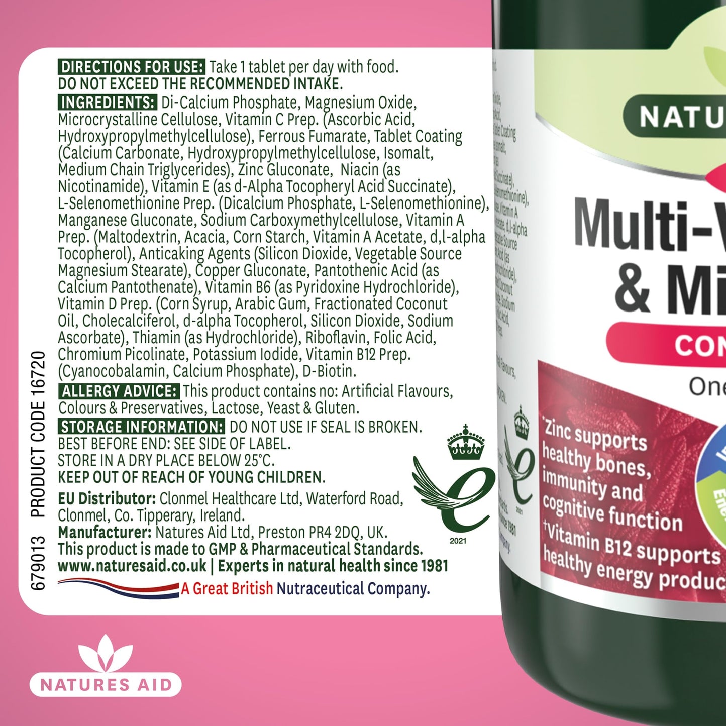 Natures Aid Multivitamins & Minerals – One-a-Day High Potency Daily Multi-Vitamin Supplement inc. B12 & Zinc – Supports Energy, Bones, Immunity, Hair, Nails – Vegan, Non-GMO, Gluten-Free – 90 Tablets