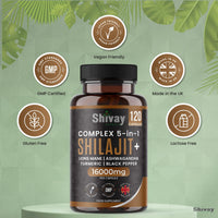 Shilajit 16000mg Complex 5 in 1 with Ashwagandha + Lions Mane | 120 Vegan Capsules - 4 Month Supply | High Strength Pure Himalayan Shilajit | Rich in Fulvic Acid | Made in UK by Shivay Herbals
