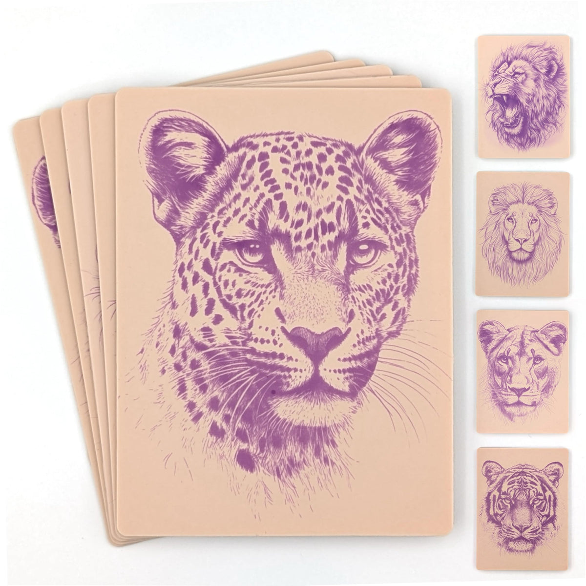 Stencil Skins Pre-Printed Tattoo Practice Skins - 5 Pack | Pre-Printed Designs | Big Cat Set | Premium 3mm Thick | Fake Skin