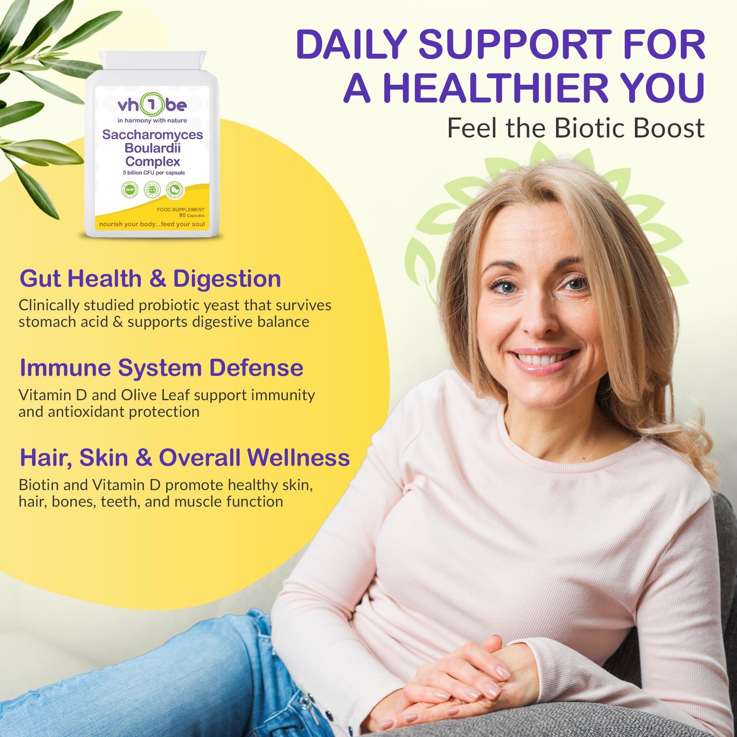 Saccharomyces Boulardii Probiotic – 90 Capsules | 5 Billion Friendly Bacteria with Olive Leaf, Biotin & Vitamin D | Natural Yeast Supplement for Gut Balance & Immune Support | UK Made by vh1be