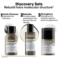L'Oréal Professionnel Paris L'Oréal Professionnel Absolut Repair Molecular Shampoo, Rinse-Off Serum & Leave-In Treatment Mini Trio Kit, For Extremely Damaged Hair, Molecular Bond Repair & restores strength, 100ml, 75ml & 50ml