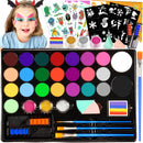 Grriopi Face Painting Kit for Children, 28 Colors Face Body Paints with 3 Brushes 30 Stencils Girls Toys Age 4-9 Carnival Halloween Gifts for Girl 5 6 7 8 9 Year Old Xmas Washable Non Toxic Kids Makeup Set