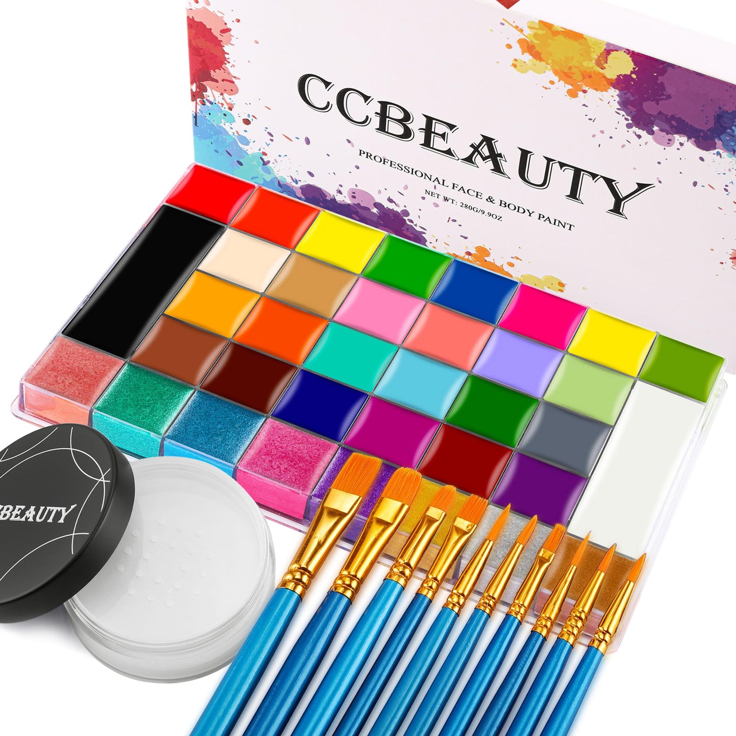 CCbeauty Professional 36 Colours Face Paint Palette,Face Painting Kit,Neon Body Paint,Non-Toxic Oil Based SFX Makeup With Loose Powder,10 Brushes For Halloween Special Effects Costume Cosplay Makeup