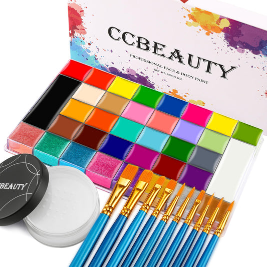 CCbeauty Professional 36 Colours Face Paint Palette,Face Painting Kit,Neon Body Paint,Non-Toxic Oil Based SFX Makeup With Loose Powder,10 Brushes For Halloween Special Effects Costume Cosplay Makeup