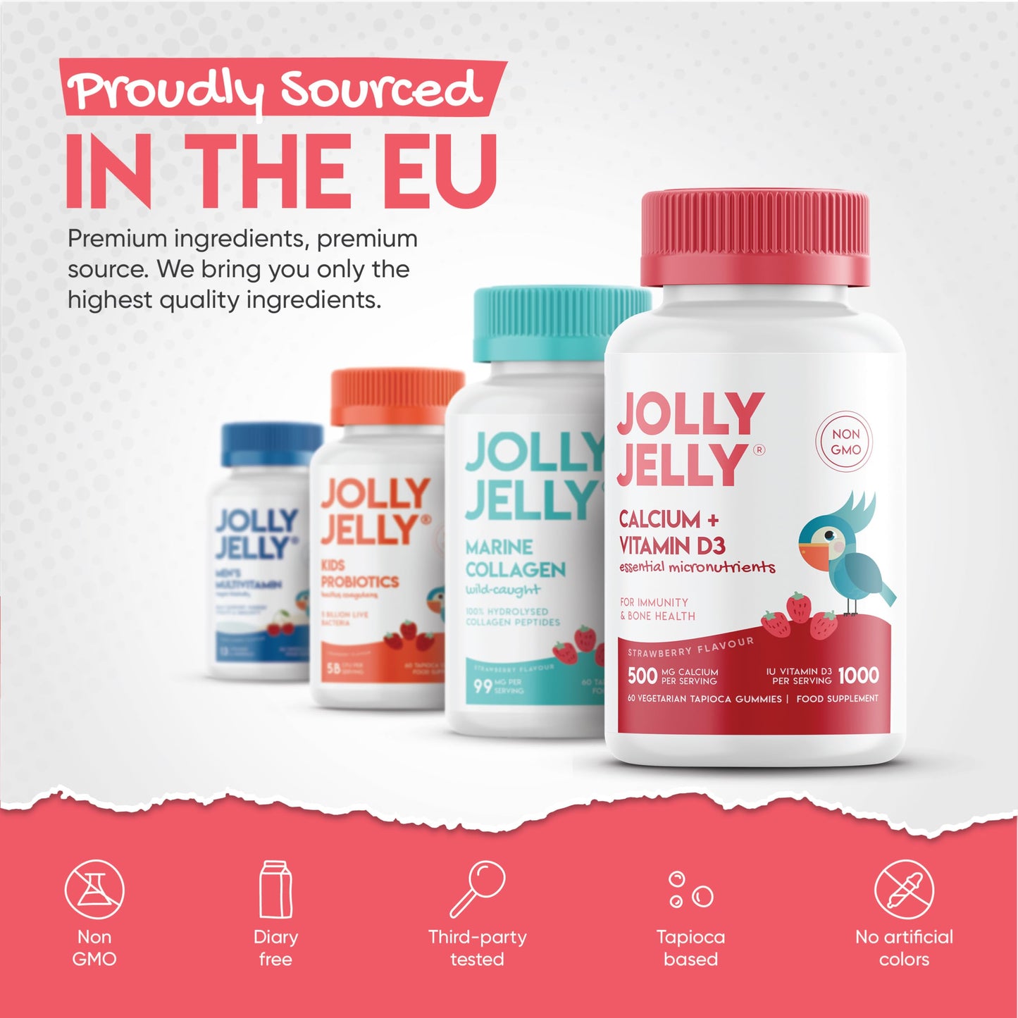 JOLLY JELLY Calcium and Vitamin D3 Tapioca Gummies – 500mg Calcium 1000IU Vitamin D3 – 60 Vegan Gummies – Immunity & Bone Health – Strawerry Flavour by Jolly Jelly