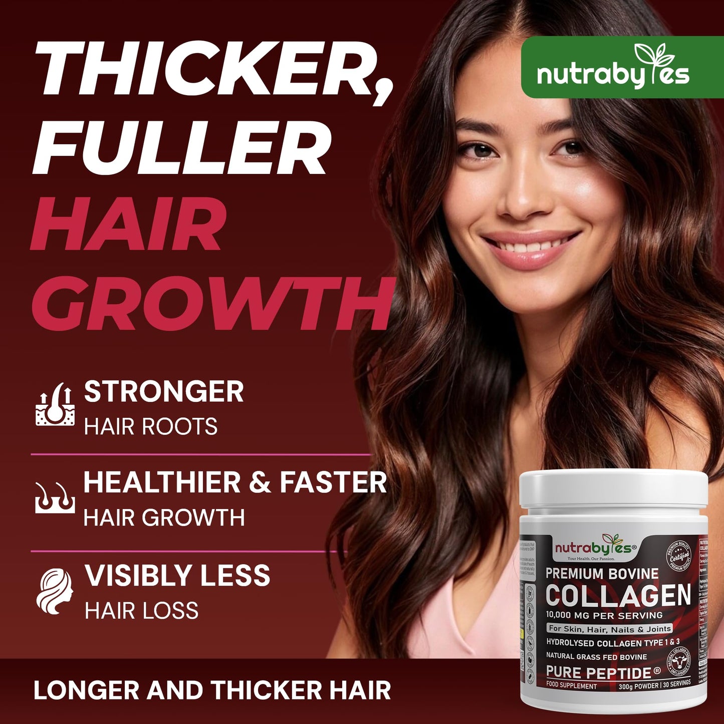 NUTRABYTES Bovine Collagen Powder 10000mg | Grass Fed Hydrolysed Collagen Peptides Type 1 & 3 | Unflavoured | Skin Hair Nails | 19 Amino Acids | Kosher Halal Certified | Women & Men | 30 Day Supply