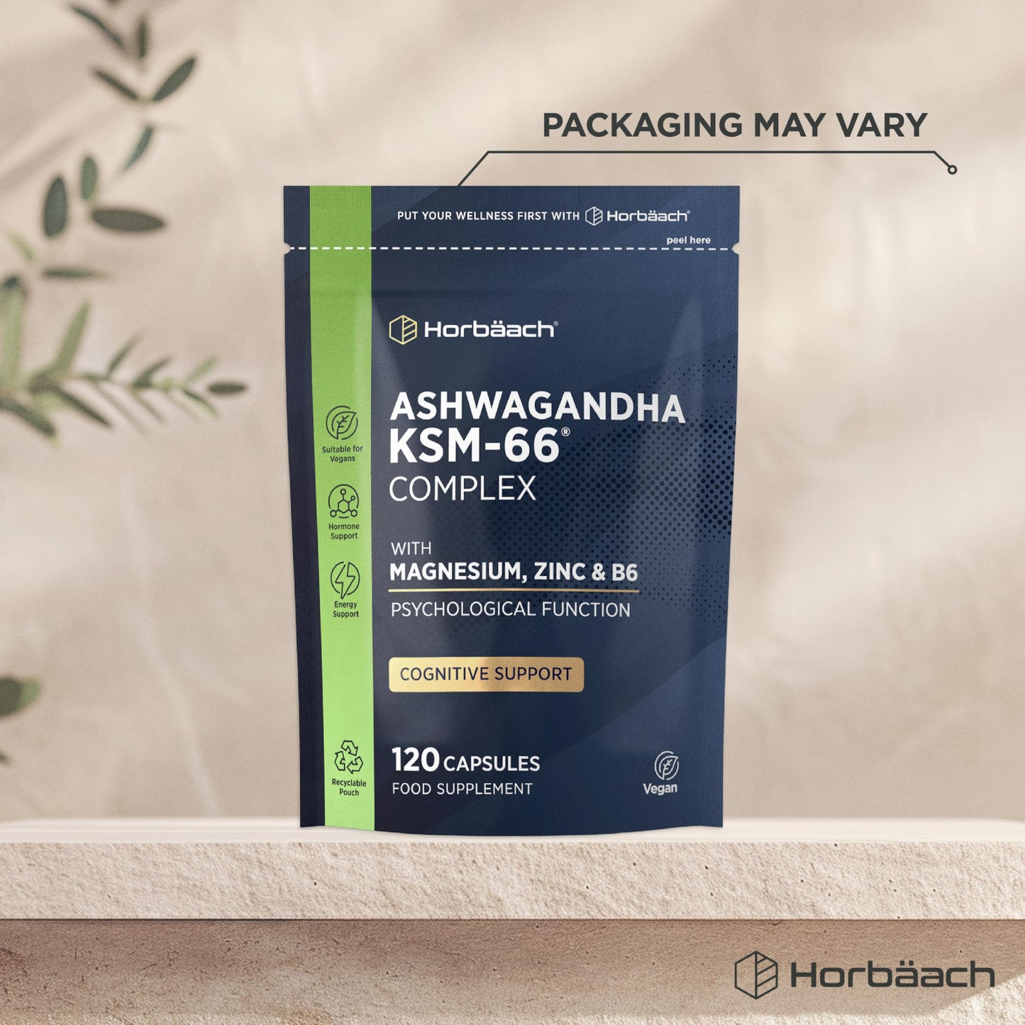 Horbäach Ashwagandha KSM-66 Complex Enhanced with Magnesium, Zinc & Vitamin B6 | High Strength Ashwagandha Root Supplement | 120 Vegan Capsules (Not Tablets) | by Horbaach