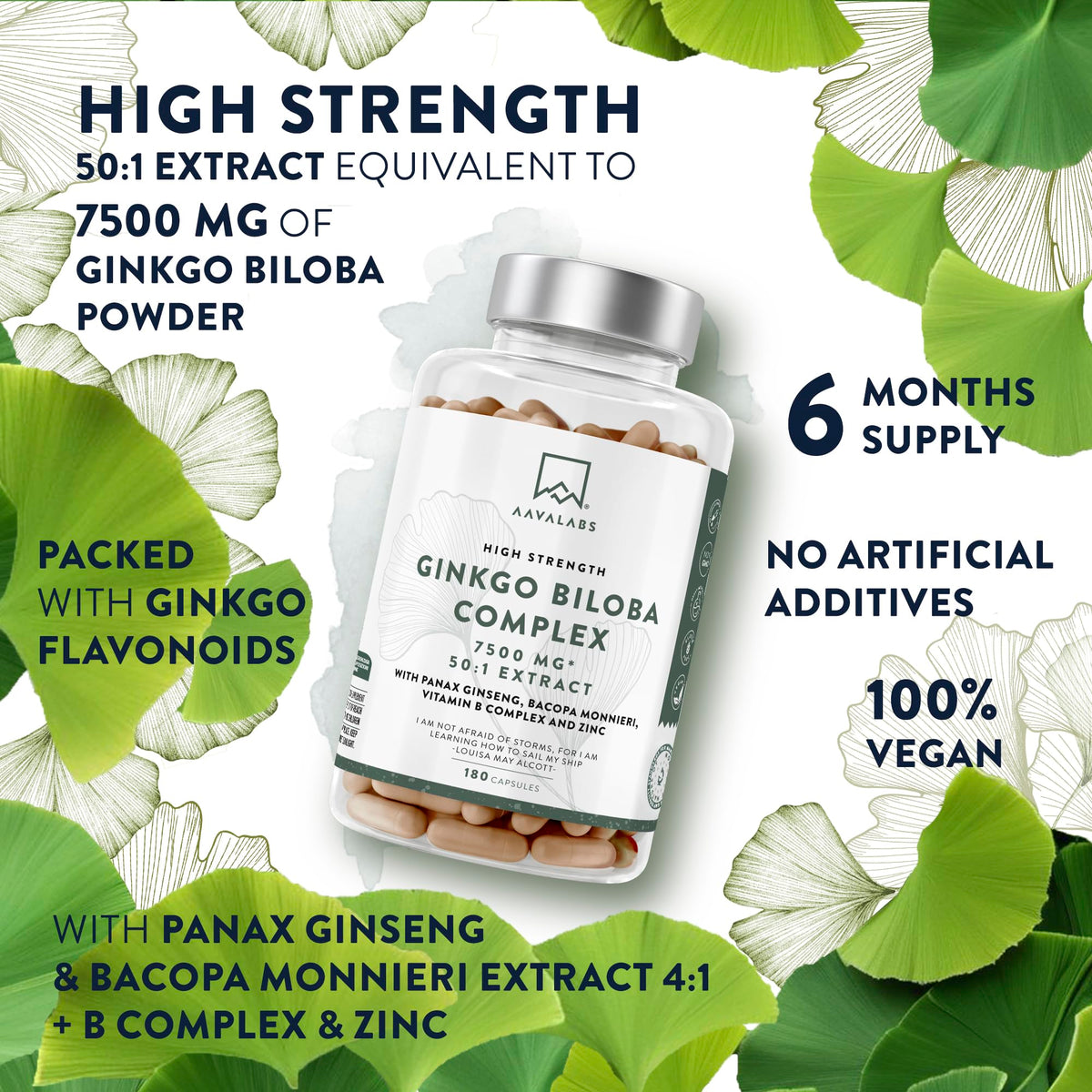 AAVALABS Ginkgo Biloba High Strength - 7500mg - 50:1 Extract - with Bacopa Monnieri, Ginseng, Vitamin B6, B1, B2, & Zinc -180 Nootropic Ginkgo Biloba Capsules - Packed with Flavonoids