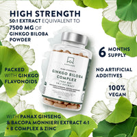 AAVALABS Ginkgo Biloba High Strength - 7500mg - 50:1 Extract - with Bacopa Monnieri, Ginseng, Vitamin B6, B1, B2, & Zinc -180 Nootropic Ginkgo Biloba Capsules - Packed with Flavonoids