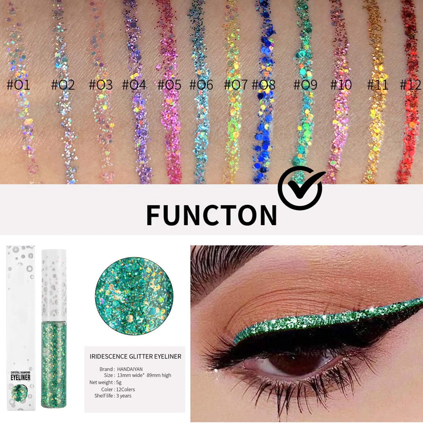 HAORQEE Green Glitter Eyeliner, Metallic Waterproof Long Lasting Smudge-Proof