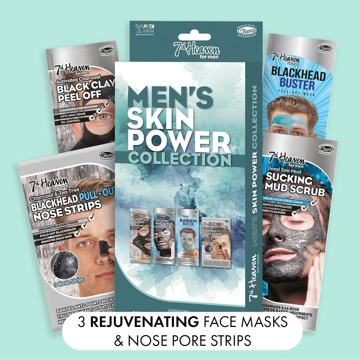 7th Heaven Men’s Skin Power Gift Set with 3 rejuvenating masks and nose pore strips. Deep-cleansing face skincare to help with blemishes and blackhead removal while energising and reviving skin.