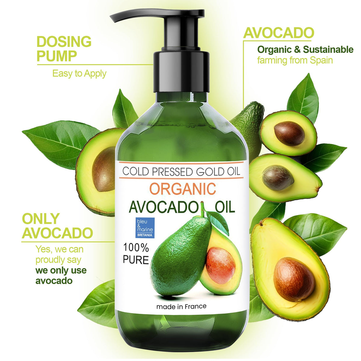 bleu & marine Bretania Bleu & Marine Bretania – Organic Avocado Oil, 100% Natural, Moisturising for Skin, Body, Face, Hair, Nails, Cuticles – Ideal for Body Massage – 500 ml