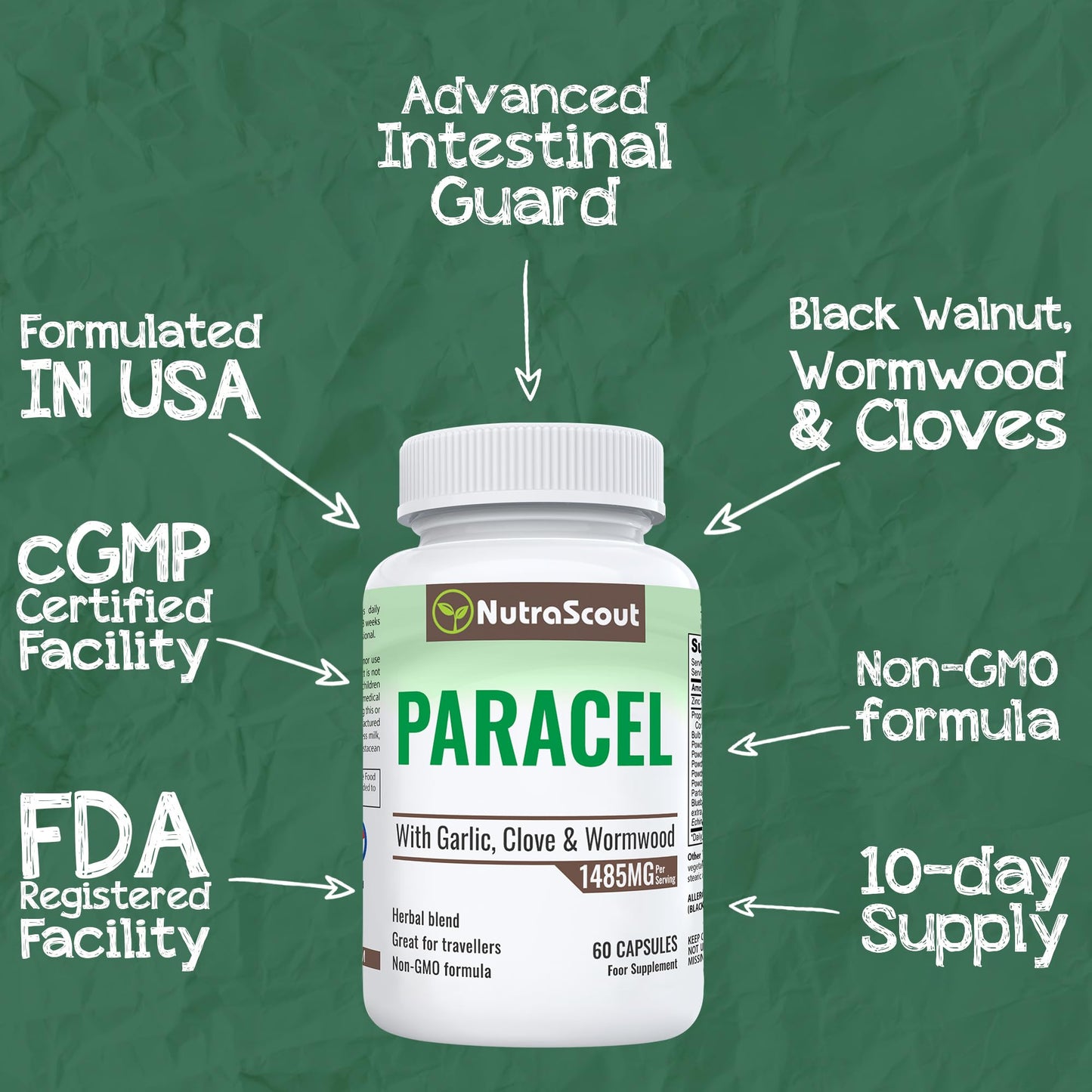 NutraScout Paracel Intestinal Guard | Intestinal Cleanse for Humans | Wormwood, Black Walnut, Clove, Garlic & More | 60 Capsules (Non-GMO)