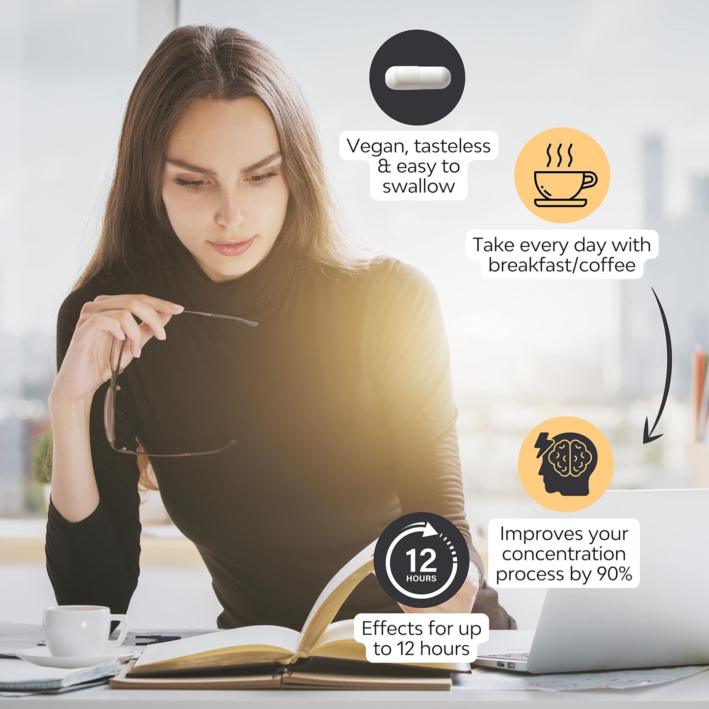 Nootropic Focus, Very High Potency Daily Cognitive Enhancer for Increasing Energy, Focus, Brain Function, Mental Alertness & Memory with Bacopa monnieri, Ginkgo, Tyrosine, Theanine, Caffeine, B6 & B12