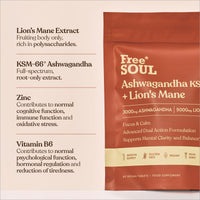 Ashwagandha KSM-66® + Lion’s Mane Complex | 5000mg Lion’s Mane + 2500mg Ashwagandha High Strength | Added + Zinc + Vitamin B6 | Cognitive & Mood Support | Vegan Tablets | Free Soul