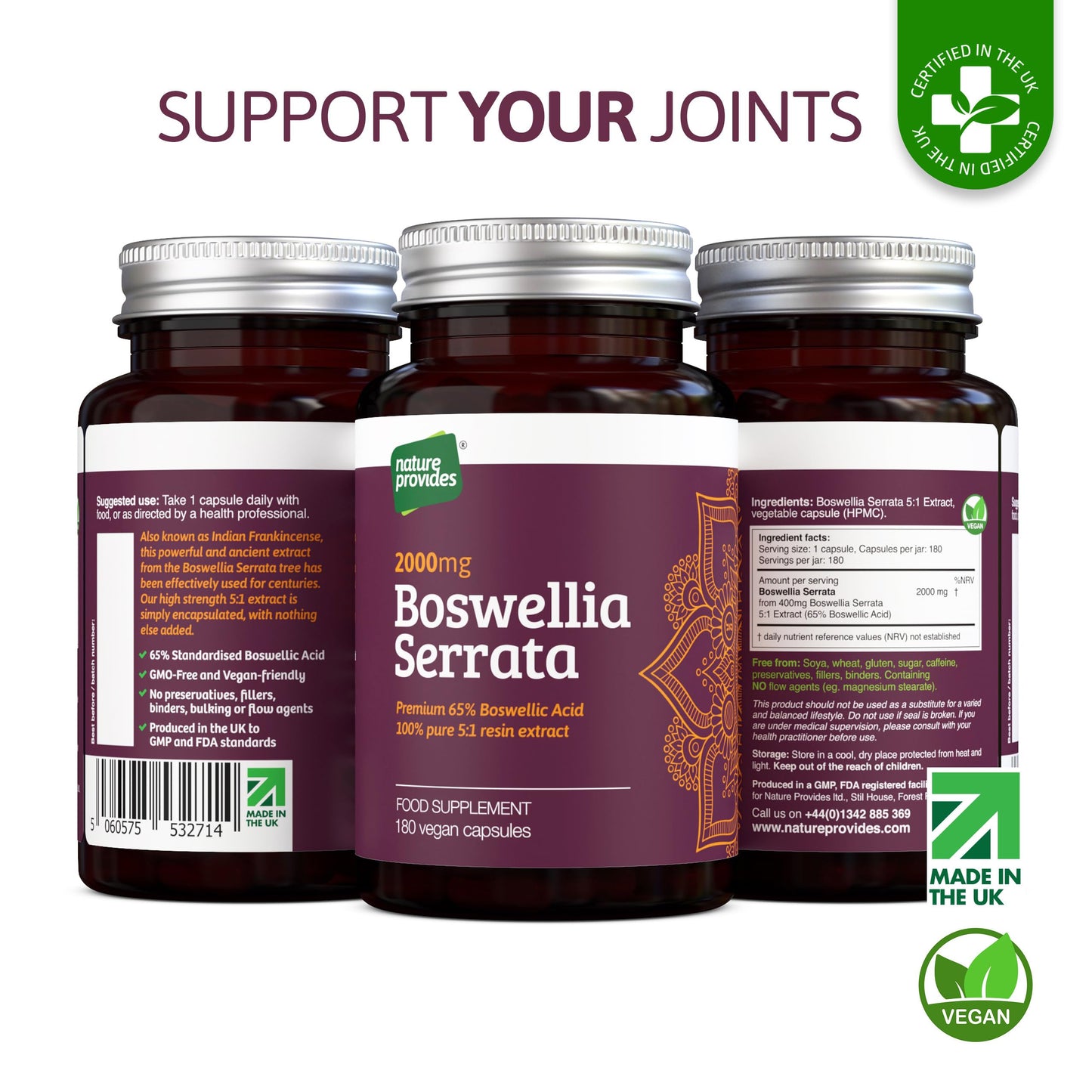 Nature Provides Boswellia Serrata Capsules 2000mg 5:1 Extract - 180 Vegan Caps - 6 Months Supply - 65% Boswellic Acid - Joint Support Supplement - Indian Frankincense